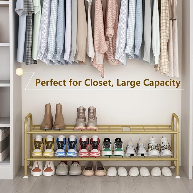 LINZINAR Shoe Rack Long 2 Tier Shoe Storage Organizer Metal Wide Shoe Shelf for Closet Entryway Bedroom 18 Paris Large Capacity, Gold - Image 2
