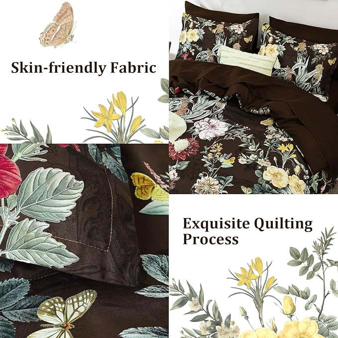 WONGS BEDDING Brown Comforter Set Queen, 7 Pieces Bed in a Bag Botanical Floral Comforter Bedding Set, Soft Microfiber Comforter with Flat Sheet, Fitted Sheet, Pillow Shams, Pillowcases