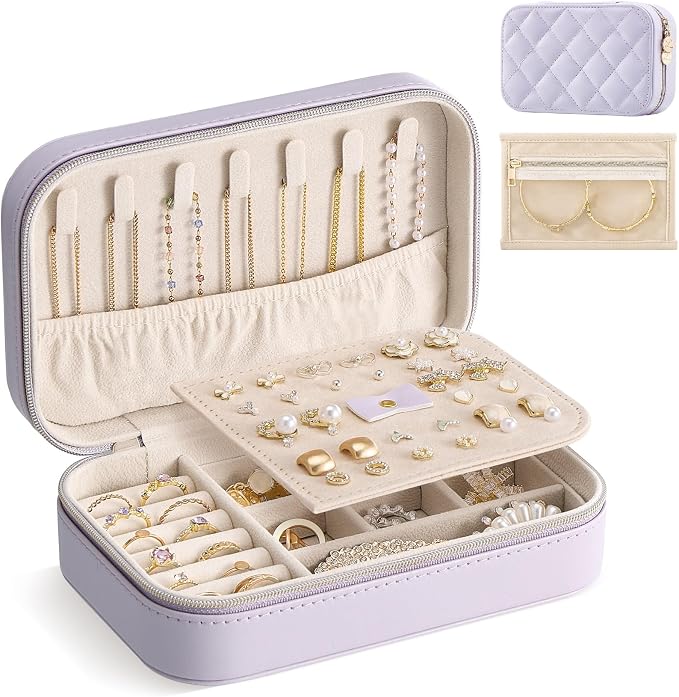 Lolalet Travel Jewelry Case for Women Girls, PU Leather Jewelry Organizer with Clear Storage Bag Small Portable Jewelry Box for Necklace Bracelet Earring Ring Mothers Day Birthday Gifts -Medium/Purple by Lolalet