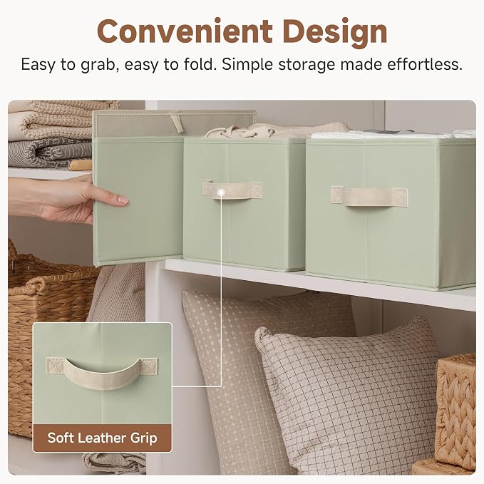 StorageWorks Storage Baskets for Shelves, Closet Organizers and Storage Basket, Fabric Clothes Organizer with Leather Handles, Light Green, 3-Pack, Large - Image 6