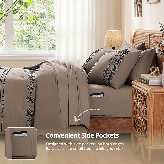 MaiRêve Queen Size Comforter Set Taupe Grey, Embroidery Floral Western Boho Bedding Set, All Season 7 Pieces Bed in a Bag with Sheets, Pillowcases & Shams