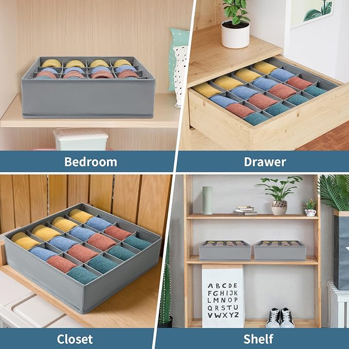 Joyoldelf Sock Drawer Organizer Divider Underwear Organizer 16-cell Fabric Dresser Drawer Organizers Storage Boxes for Socks Lingerie, Handkerchiefs, Ties (Grey) - Image 4