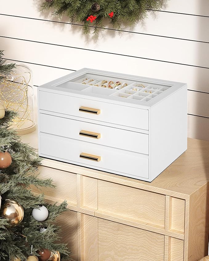 AKOZLIN Jewelry Box with Clear Lid Functional Leather Jewelry Storage Organizer Case 3 Drawers for Women Girls Necklace Ring Bracelet Earring - Image 6