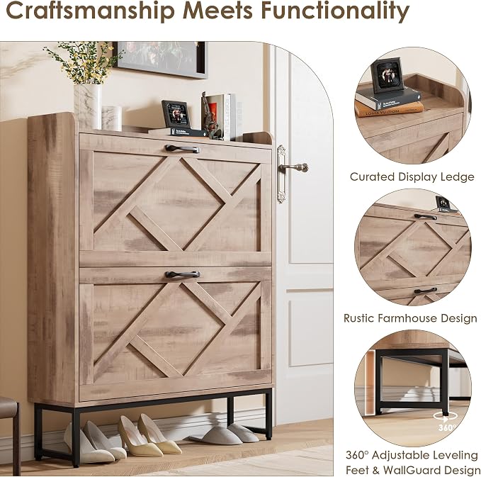 Nicetree Shoe Cabinet with 2 Flip Drawers，Freestanding Shoe Storage Cabinet, Narrow Shoe Organizer Cabinet, Farmhouse Slim Shoe Rack Cabinet for Entryway,Toasted Oak - Image 5