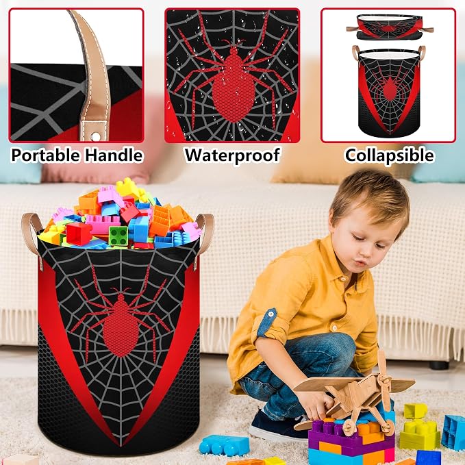 Black Spider Web Large Laundry Hamper Basket, Round Collapsible Storage Organizer Bin for Kids, Boys, Nursery, Closet, Bedroom, Playroom, Toys, Dirty Clothes, 16" W x 20" H - Image 4