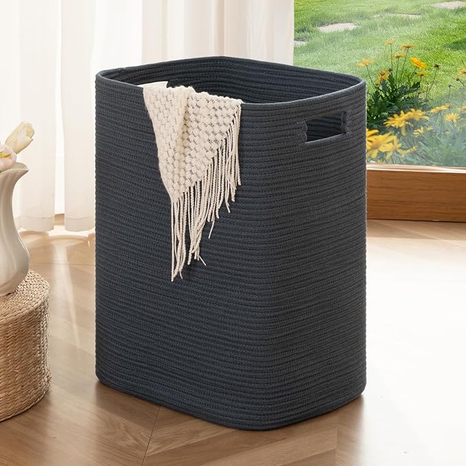 OIAHOMY Laundry Hamper, Laundry Basket，Rectangle Cotton Large Blanket Storage Basket for Living room,Bedroom Woven Decorative Storage for Toys,Clothes,Pillows-16x13x22in-Blue by MasterofSpaceOptimization