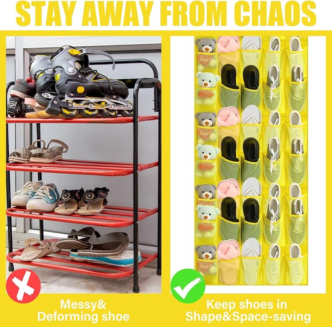 Windyun 40 Over the Door Shoe Organizer Large Mesh Pocket Hanging Shoe Rack for Closet Yellow Nonslip Behind Door Storage Holder Back to School Organizer for Dorm Room College Classroom Storage - Image 5
