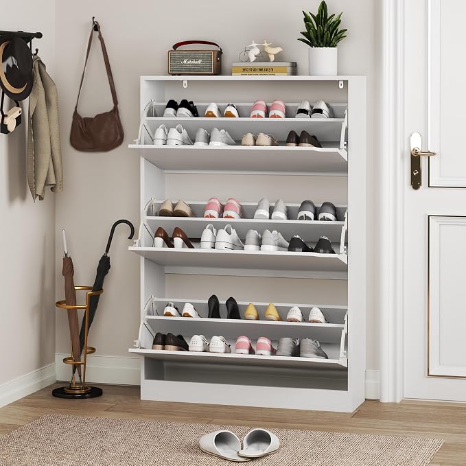 BORNOON Shoe Cabinet with 3 Flip Drawers, Hidden Wood Shoe Cabinet,Freestanding Shoe Storage Cabinet for Entryway Hallway.White. 47.2" H*31.5" W*9.45" D. - Image 7