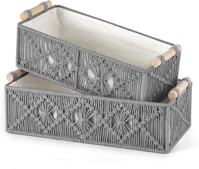 Mkono Macrame Storage Baskets Boho Decor Box Handmade Woven Decorative Countertop Toilet Tank Shelf Cabinet Organizer for Bedroom Livingroom Home, Set of 2, Grey - Image 4