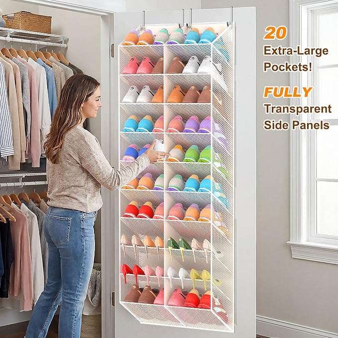 UVIAHOMI 20-30 Pairs Over the Door Shoe Organizer, Breathable Pocket Hanging Shoe Storage for Closet, 10-Tier Door Shoes Rack, Handing Shoes Holder Fit All the Family's Sneakers, Boots, Heels, Beige - Image 4