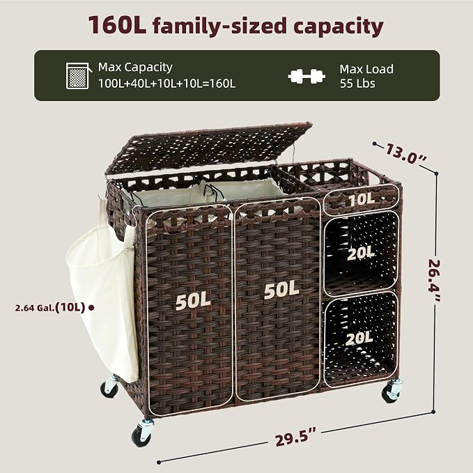 Laundry Hamper with Lid, 160L Rattan Wicker Laundry Basket with Wheels, Handwoven Laundry Hamper 2-Section with Storage shelf(42.3 Gal), Laundry Sorter Basket with Removable Liner, Brown HLH032BR - Image 7
