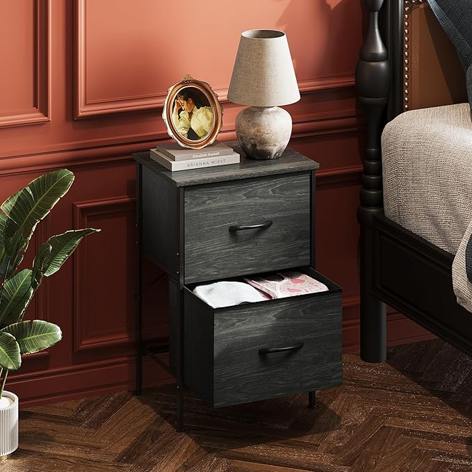WLIVE Nightstand, Nightstand with 2 Drawers, Bedside Furniture, Night Stand, Small Dresser for Bedroom, College Dorm, End Table with Fabric Bins, Dormitory, Charcoal Black Wood Grain Print
