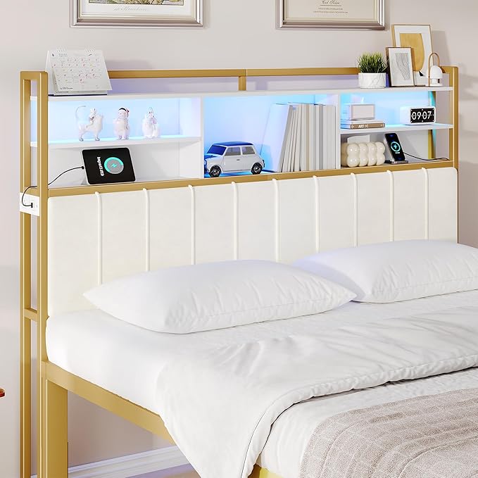 Hzuaneri Headboard with 3-Tier Storage Shelves, Velvet Upholstered Head Board with 2 Outlets, USB Ports & LED Light, Soft Backrest for King Size Bed, White and Gold BH19403A