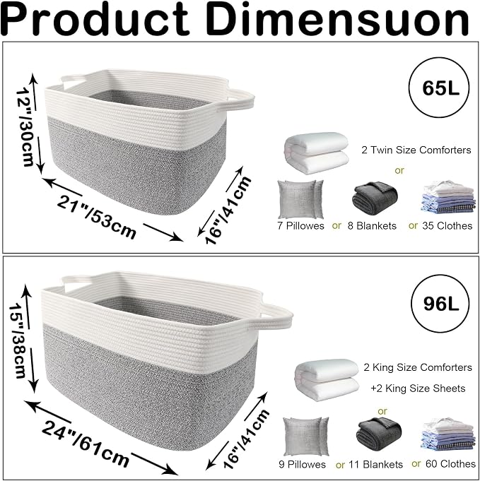 Large Blanket Basket,Woven Rope Basket Storage Bin with Handles,65L Rectangle Laundry Basket for Magazines,Toys,Clothes,Newspaper Shelf Organization,Nursery and Living Room,White&Grey - Image 2