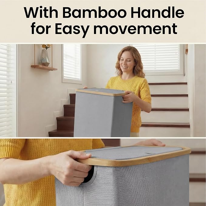 efluky Laundry Basket with Lid and Removable Bag, 100L Tall Laundry Hamper with Bamboo Handles, Aesthetic Dirty Clothes Bin for Laundry Room, Bathroom, Bedroom and Dorm, Silver Grey - Image 3
