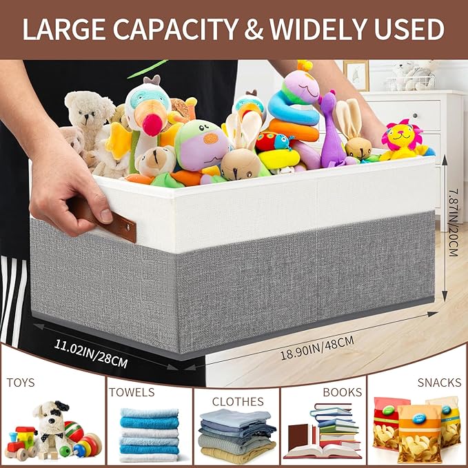 3 Pack Large Capacity Storage Bins Closet Organizer for Shelves, Fabric Closet Storage Baskets Boxes with Leather Handles for Organizing Clothes, Sheets, Jeans, Toys, Books (Grey) - Image 3