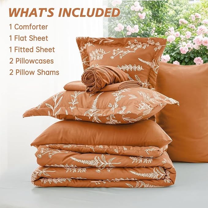 MUXHOMO Burnt Orange Full Comforter Set, Elegant Floral Print Bed in a Bag 7 Pieces, Ultra Soft & Breathable Reversible Botanical Pattern Bedding Set with Comforter, Sheets, Pillowcases, and Shams