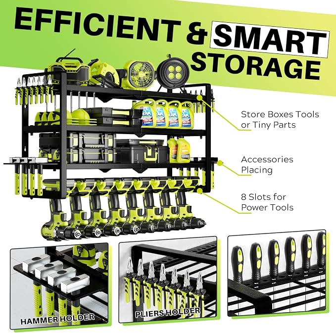 Hipidian Fathers Day Best Gifts for Daddy, Heavy Duty Power Tool Organizer Wall Mount- 400lb Capacity 4-Tier Storage Rack with 8 Drill Holders for Garage Tools, Birthday Gifts for Men Dad Husband - Image 3