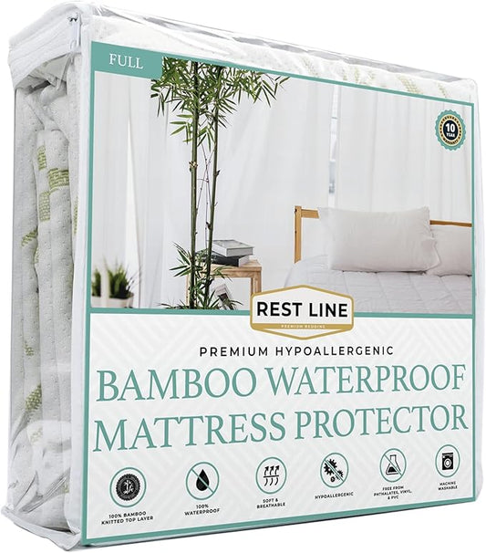 Full/Double Size 54x75” Premium Bamboo Waterproof Mattress Protector 100% Viscose from Bamboo, Hypoallergenic, Cooling Mattress Pad Cover, Soft Breathable Fitted Sheet Style up to 18" Deep - Rest Line