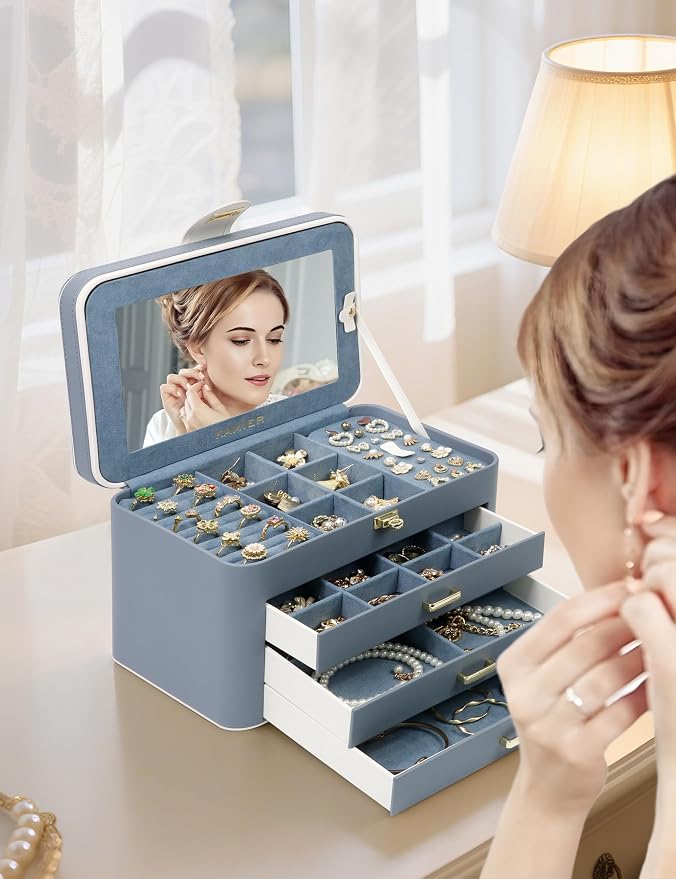 KAMIER Jewelry Boxes for Women, 4 Layer Jewelry Organizer with Mirror, 3 Drawers, Large Jewelry Box for Bracelets, Earrings, Rings, Necklaces, Mothers Day Gifts for Loved One, Bluish Grey - Image 3