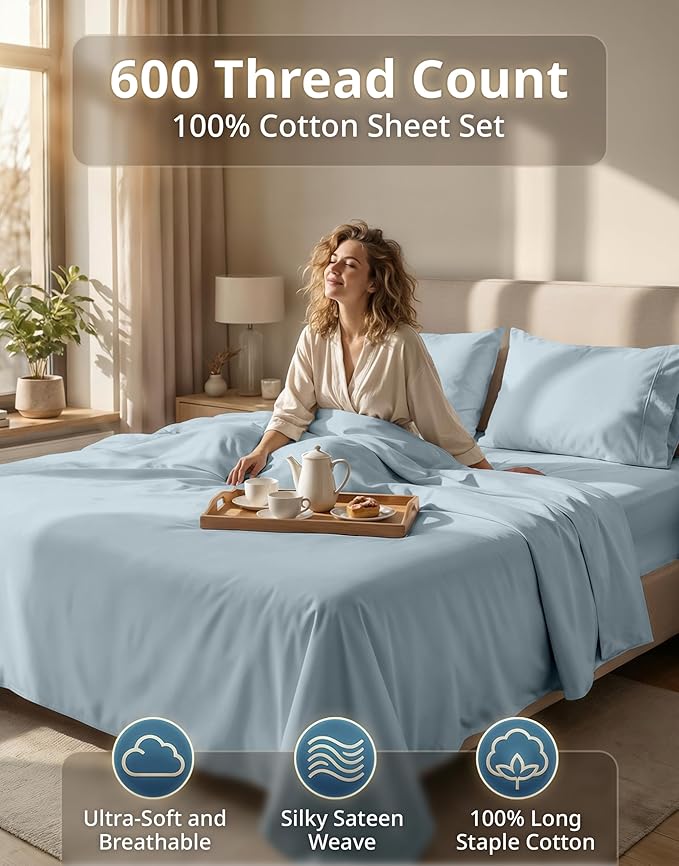 LANE LINEN King Bed Sheets – 600 Thread Count Long-Staple 100% Cotton King Size Bed Sheets, Hotel Luxury Soft Silky Sateen Weave, Durable for Daily Use, Fully Elasticized 15" Deep Pocket – Blue