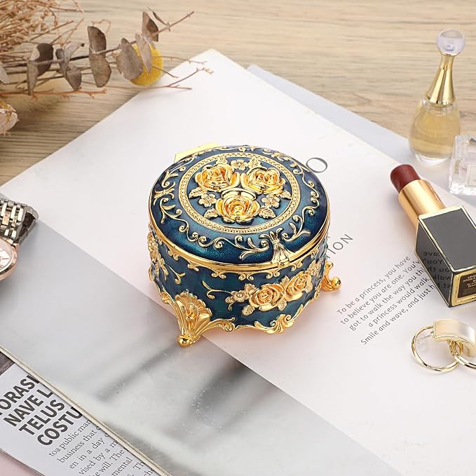 Hipiwe Antique Metal Jewelry Box Ring Earring Treasure Chest Case Small Trinket Box Round Jewelry Display Box Necklace Organizer Wedding Birthday Gift Home Decor, 3x3x2.4 inch - Image 2