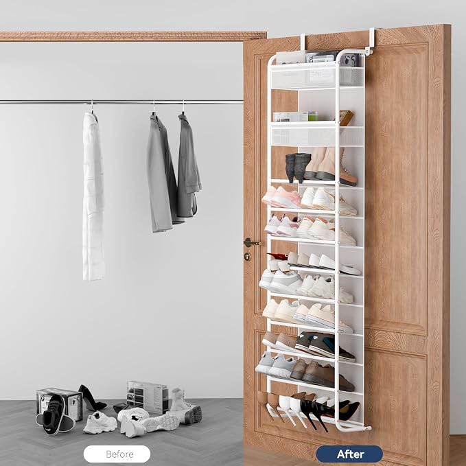 Whitmor 27 Pair Over The Door Shoe Organizer, 11 Tier Hanging Shoe Organizer, Heavy Duty Metal & Mesh Shoe Holder, Hanging Shoe Rack for Closet Organizer & Storage,74.8"L x 21.7"W x 7.5"H, White - Image 7