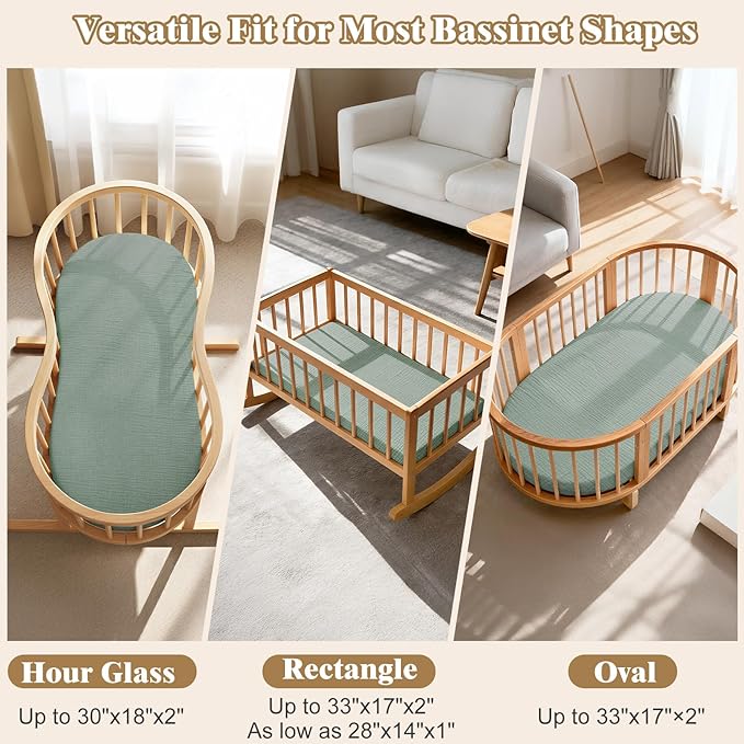 Basumee Muslin Bassinet Sheets for Baby Girl Boy 2 Pack Soft Breathable Baby Bedside Bassinet Fitted Sheets with Bottom Elastic Band Mattress Cover for Rectangle Oval Hourglass Bassinets