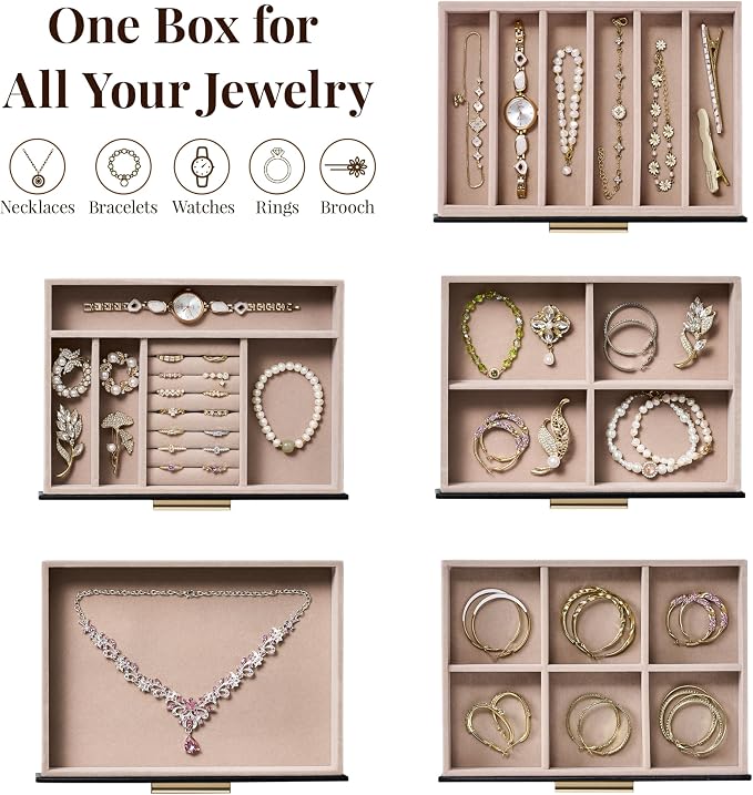 pickpiff Jewelry Box Organizer Case for Women: 5-Layer Jewelry Storage Case with Glass Window, Black Leather with Blush Velvet, Holder for Ring Necklace Bracelet Brooch Watch, Great Gift for Her - Image 2