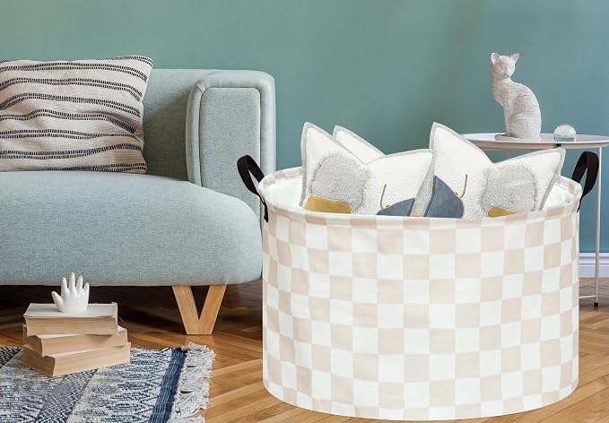 MAIZMZ Checkered Storage Basket Extra Large 80L Kids Hamper Baby Laundry Basket Waterproof Toys Car Organizer Collapsible Canvas for Home/Dorm/Pet/Office/Closet/Shelf/Gift Baskets - Image 4
