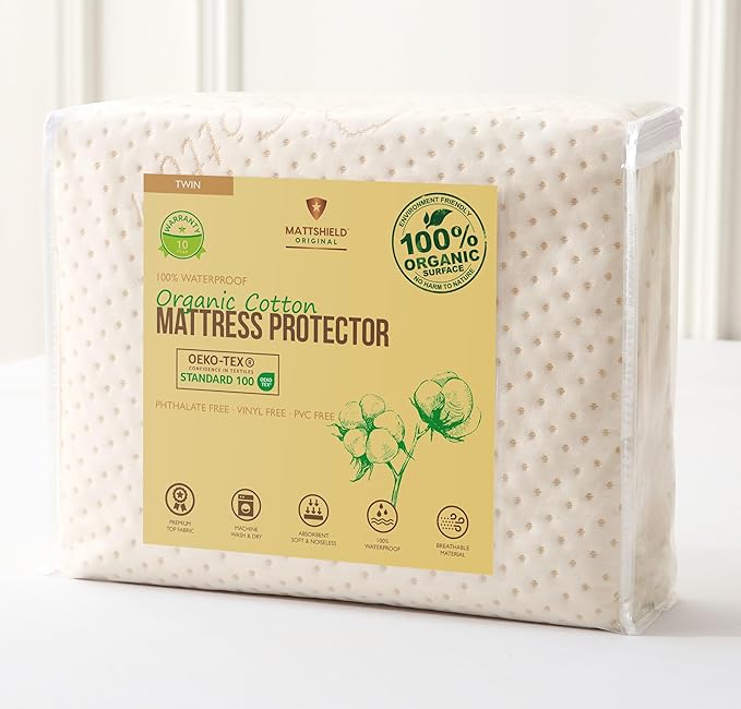 Luxury Organic Cotton Mattress Protector Twin Size - Ultra Thick 380 GSM 3D Air Fabric - 100% Waterproof & Noiseless - OCS Certified Breathable Mattress Cover - Deep Pocket Fitted Style