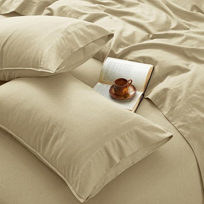 4Pcs Linen Sheets Full Size, 100% French Linen from Normandy, Breathable Linen Yellow Full Sheet Set with 16 Inch Deep Pocket, 1 Flat Sheet, 1 Fitted Sheet, 2 Pillowcases