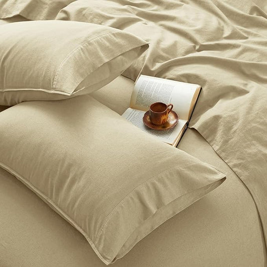 4Pcs Linen Sheets Full Size, 100% French Linen from Normandy, Breathable Linen Yellow Full Sheet Set with 16 Inch Deep Pocket, 1 Flat Sheet, 1 Fitted Sheet, 2 Pillowcases