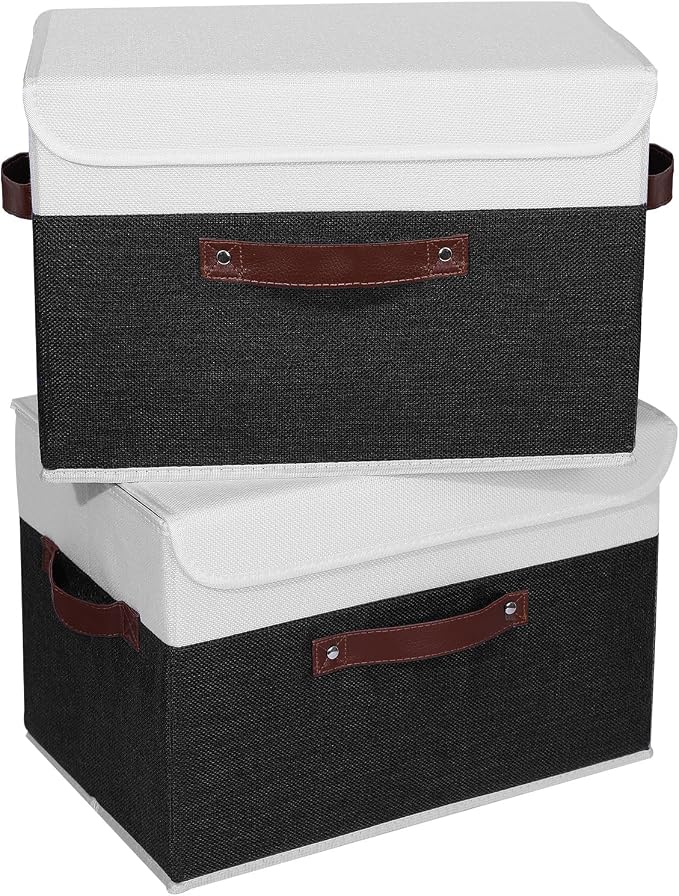 ANMINY 2PCS Storage Boxes with Lid Washable Decorative Storage Bins Basket with PU Leather Handle Foldable Linen Fabric Storage Cubes Containers for Home Closet Organizer - Black White, Large Size - Image 2