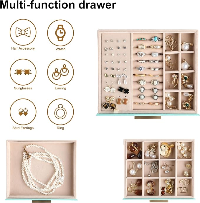 Frebeauty Clear Lid Jewelry Box,3-Layer Jewelry Organizer with Drawer,PU Leather Jewelry Organizers and Storage,Jewelry Boxes for Women,Jewelry Storage for Rings Earring Stud,Gift for Women(Turquoise) - Image 4
