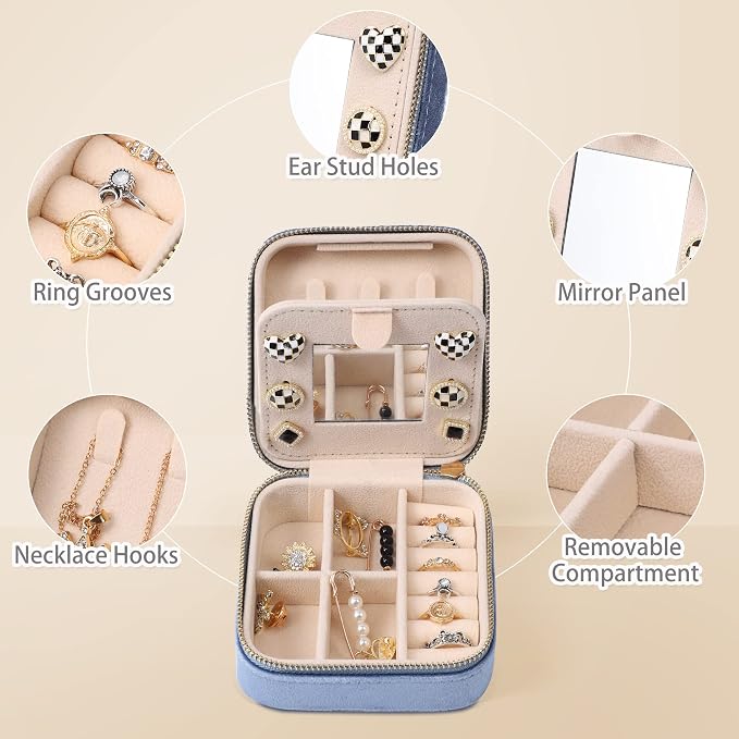 Dajasan Velvet Travel Jewelry Box, Mini Travel Jewelry Case, Small Portable Travel Jewelry Organizer Box with Mirror for Women Girls (blue), 3-layer - Image 4