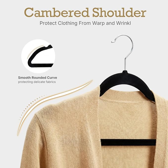 HOUSE DAY Black Velvet Hangers 120 Pack, Premium Clothes Non-Slip Felt Hangers, Sturdy Black Heavy Duty Coat Hanger, Durable Space Saving Suit Hanger, 360° Rotating Silver Hook - Image 6