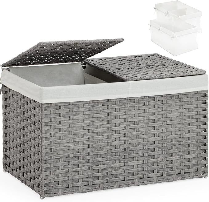SETVSON Storage Basket with Lid Rattan Storage Basket with 2 Separate Lid, 27.8 Gallon (105 L) 25.2 * 15.4 * 16.1 Inches Woven Wicker Baskets with 2 Liners and Handles for Bedroom Laundry-Gray by SETVSON