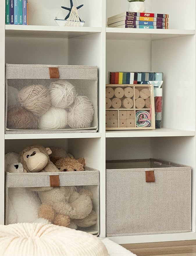 StorageWorks Closet Storage Bins, Large Storage Baskets with Clear Window and Handles, Foldable Fabric Organizer for Clothes, Shelves, Brown and Beige, 3 Pack - Image 3