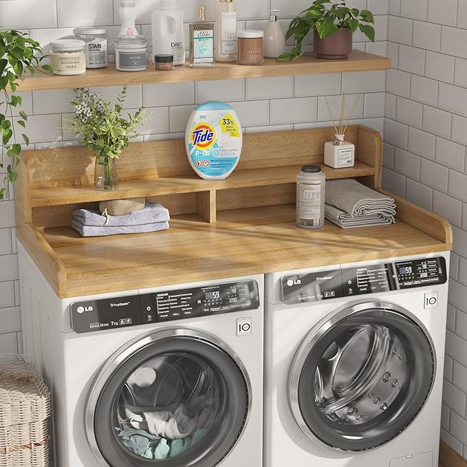2-Tier Washer Dryer Countertop with 2.75"H Edge Rails, 54" W x 27.55" D Laundry Countertop for Folding Clothes, Washer and Dryer Topper with Non-Slip Pad (Pure Wood Color) - Image 2