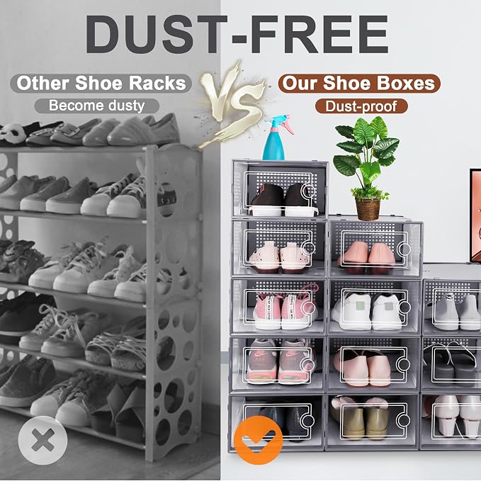 Kuject Large Shoe Organizers Storage Boxes for Closet, 12 Pack Clear Plastic Stackable Storage Bins with Lids, Under Bed Shoe Containers for Entryway, Drop Front, Fit up to Women's Size 10,Dark Gray - Image 4