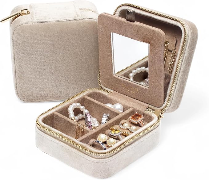 BLUTETE Travel Jewelry Box Organizer Velvet Travel Case With Mirror Ring Earrings Necklaces Storage Organizer Box (Champagne) by BLUTETE