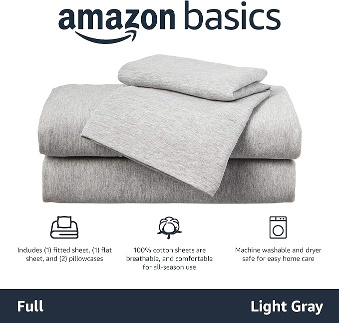 Amazon Basics 4 Piece Breathable 100% Cotton Jersey Knit Bed Sheet Set, Includes Flat and Fitted Sheets, Pillowcase, Stretchy, Full, Light Gray, Solid