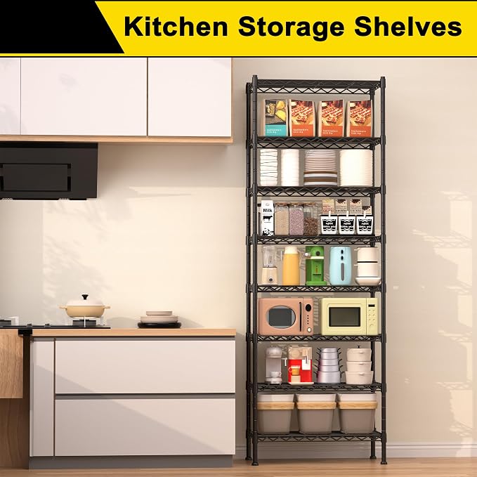 GIOTORENT 8-Wire Garage Shelving Storage Shelves, Kitchen Storage Adjustable Shelf, Metal Shelves 1600Lbs Capacity 24" Lx14 Wx72.2 H for Laundry Bathroom Pantry Closet, Black - Image 3