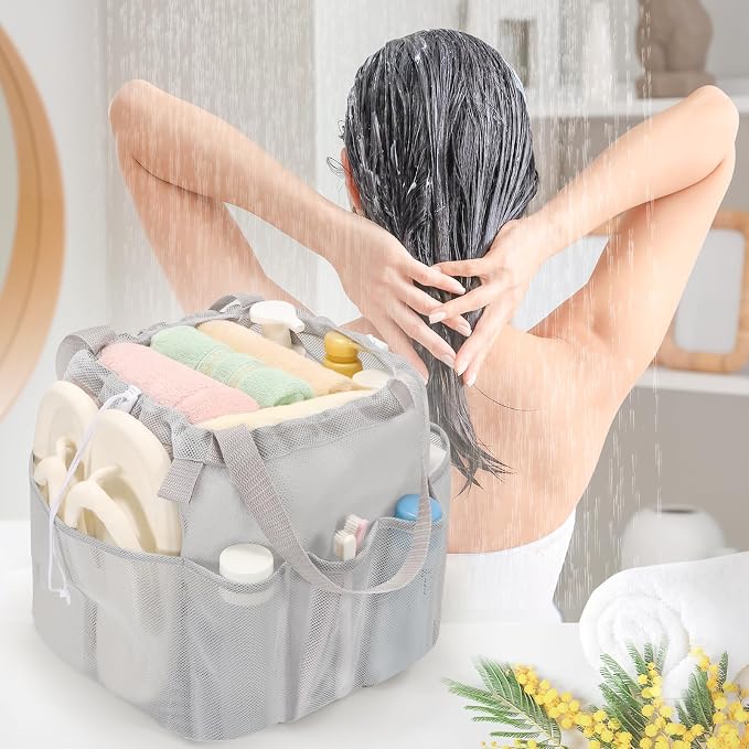 famichan Mesh Shower Caddy Portable with Drawstring, Dorm Room Essentials for College Students, Grey Shower Bag for Camping,Swimming,Gym,Travel,Bathroom - Image 7