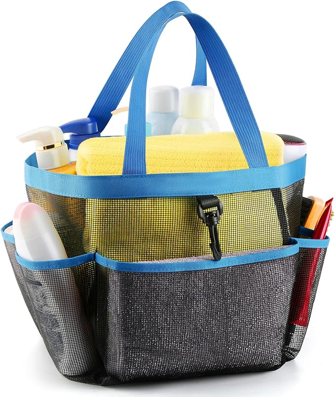 LOYEE Mesh Shower Caddy Portable for College Dorm Room Essentials with 8 Pockets, Shower Bag for Beach, Swimming, Gym, Travel, Bathroom(Blue) by LOYEE