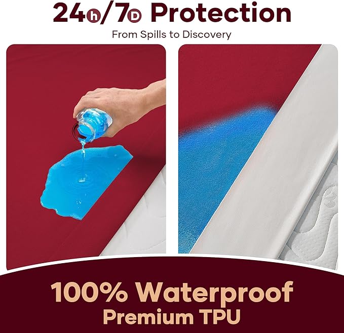 OhGeni 100% Waterproof Mattress Protector, Queen Size Red, Fitted Sheet with Deep Pockets, 6''-18'', Premium Noiseless Breathable Soft Material, Mattresses Cover for Bed