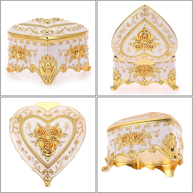 Hipiwe Vintage Metal Jewelry Box - Heart Shape Trinket Organizer Ring Box Case with Rose Pattern Jewelry Storage Box for Ring Earrings Necklace, Gift for Women - Image 7