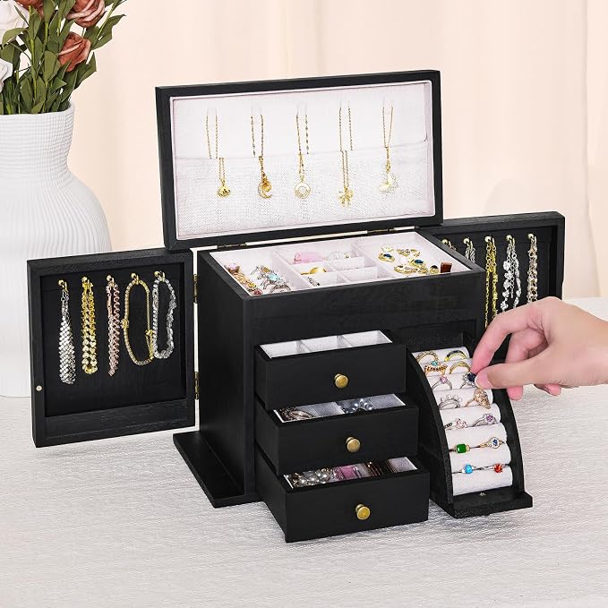 Poyilooo Jewelry Box Organizer, Solid Wood Jewelry Boxes for Women, Double Layer Jewelry Organizer Box Display Earring Necklace Bracelet Ring, Rustic Style Small Jewelry Box for Girls (Black) - Image 2