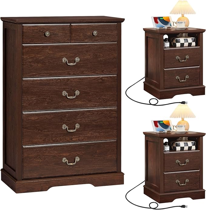 Farmhouse Dressers & Night Stand Set of 3,45" Tall Chest of Drawers, 18" Wide 2 Drawers End Table with Charging Station Set of 2,Furniture Dresser Sets for Home Walnut